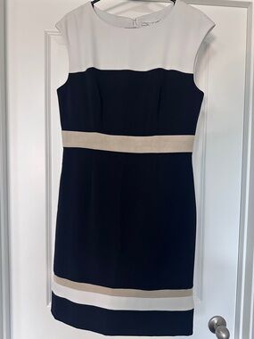 Sandra Darren Navy, White & Beige Colorblock Midi Sheath Dress